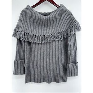 Intermix Wool Cashmere Fringe Cowl Neck Sweater Gray‎ Sz M relaxed old money
